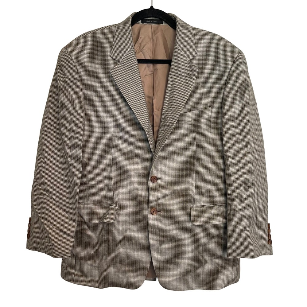 Lauren Ralph Lauren Mens 40S Silk Wool Houndstooth Blazer Sport Coat Tan Blue